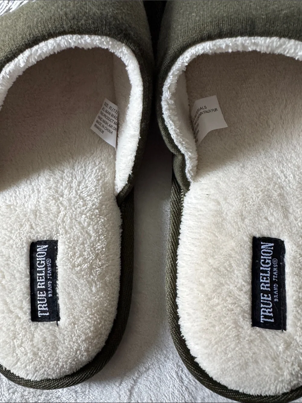 True Religion Olive Green and Cream Tiger Logo Indoor Slippers